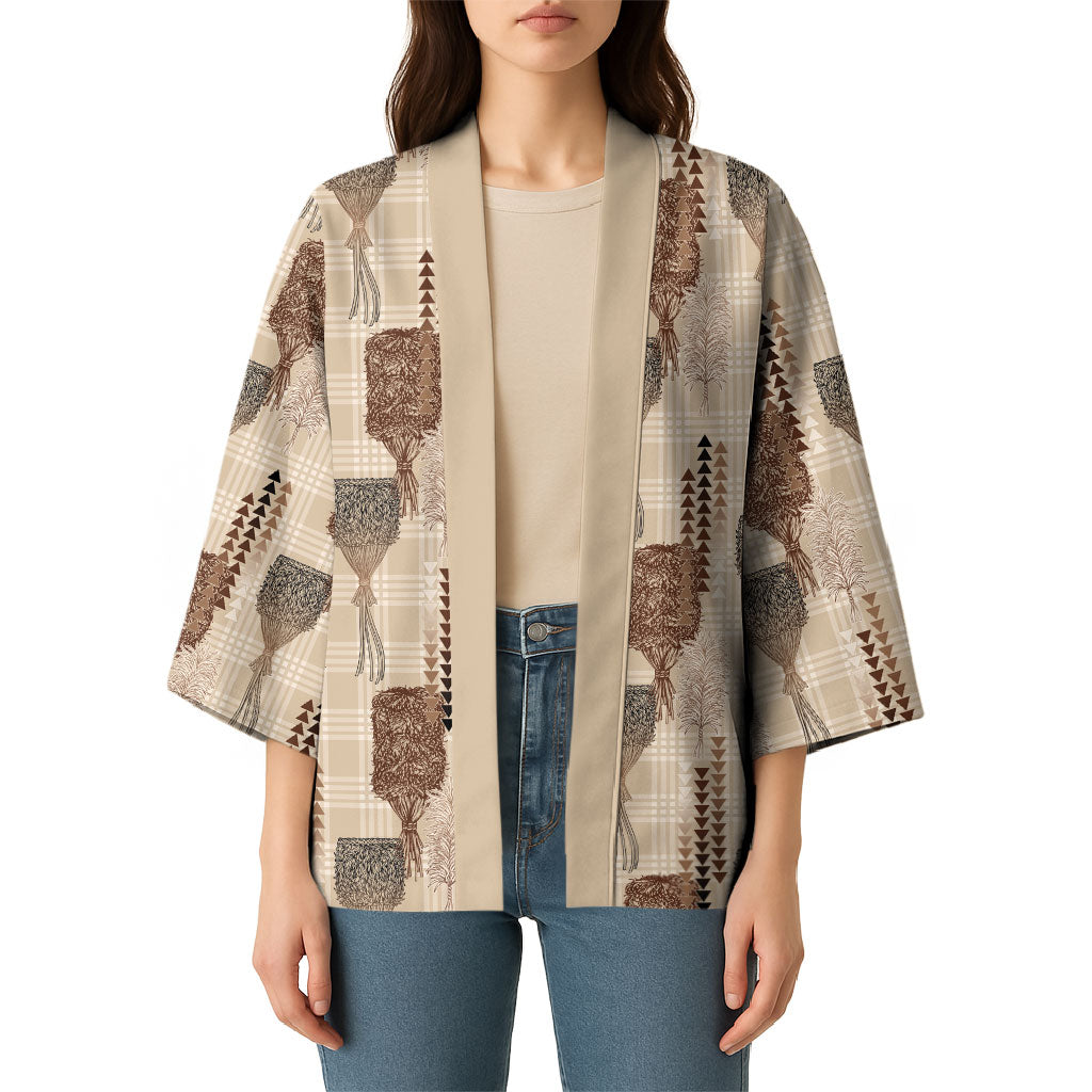 Aloha Hawaii Vintage Kahili Pa'a Lima Kimono Palaka Print Cozy Beige