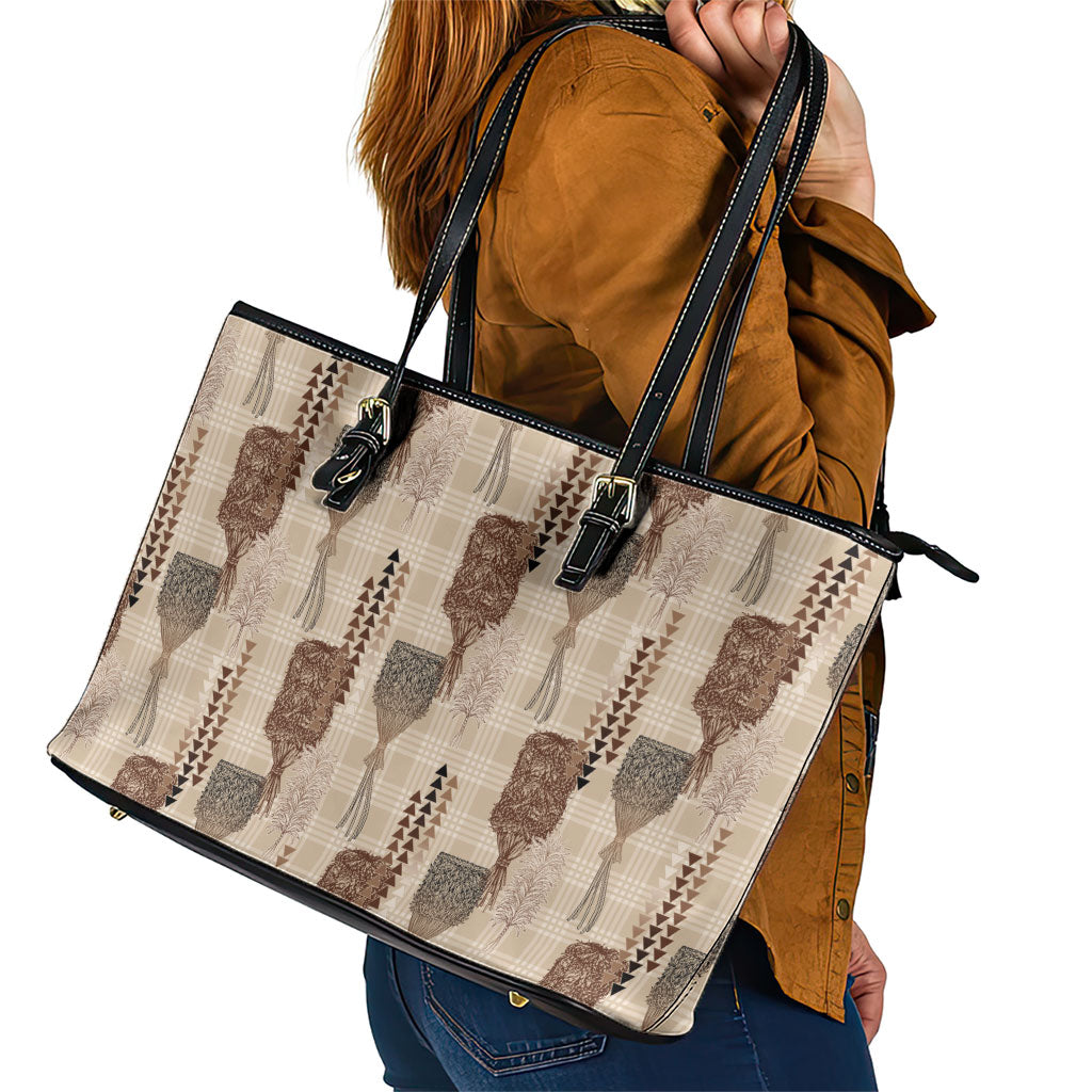 Aloha Hawaii Vintage Kahili Pa'a Lima Leather Tote Bag Palaka Print Cozy Beige