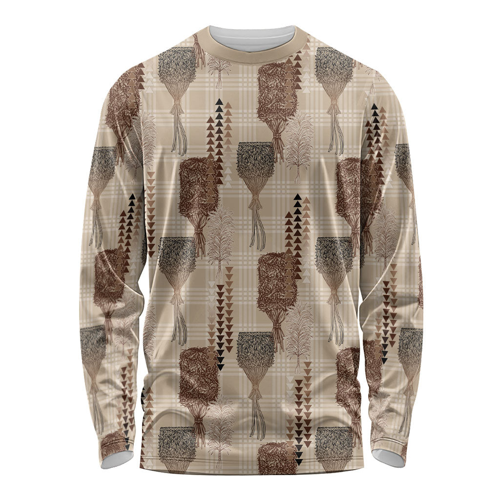 Aloha Hawaii Vintage Kahili Pa'a Lima Long Sleeve Shirt Palaka Print Cozy Beige LT7 Unisex Beige - Polynesian Pride