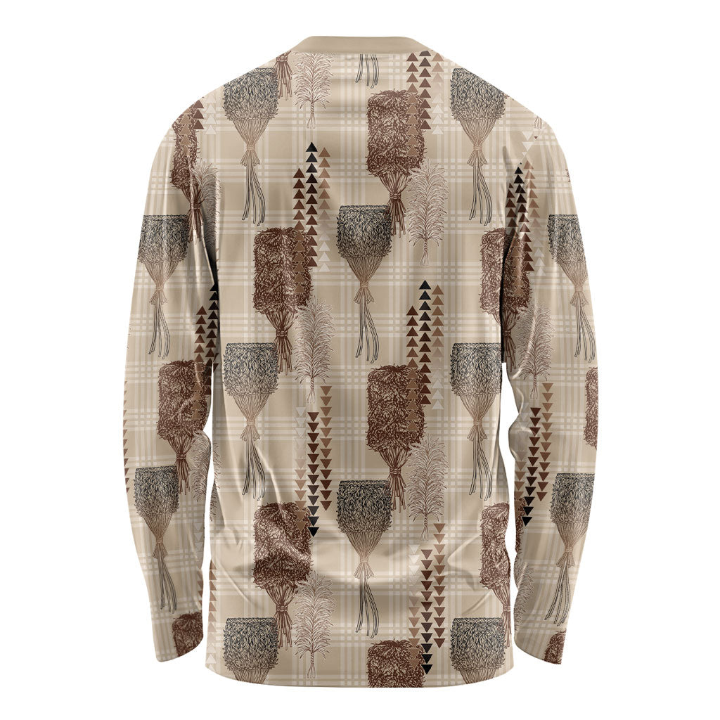 Aloha Hawaii Vintage Kahili Pa'a Lima Long Sleeve Shirt Palaka Print Cozy Beige