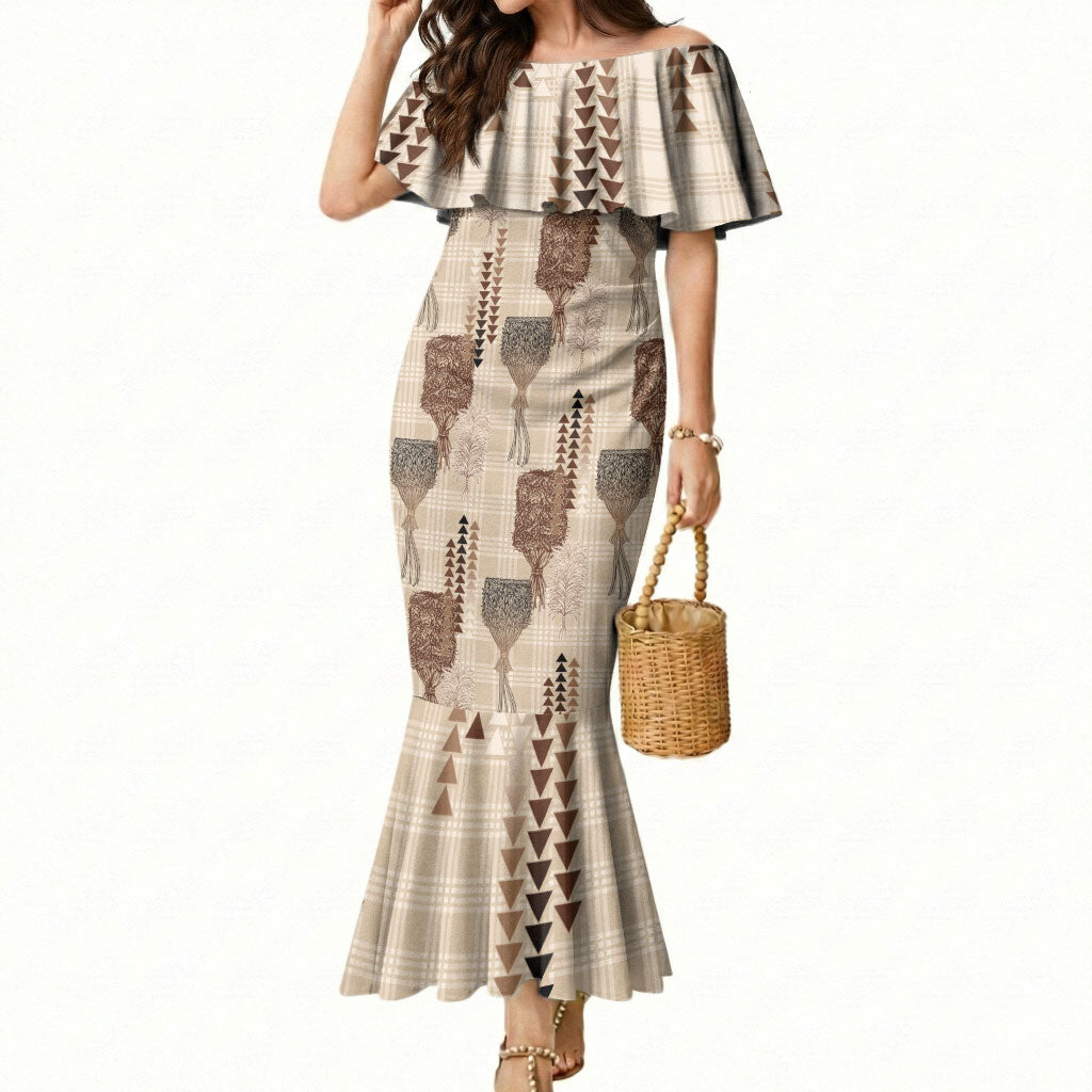 Aloha Hawaii Vintage Kahili Pa'a Lima Mermaid Dress Palaka Print Cozy Beige