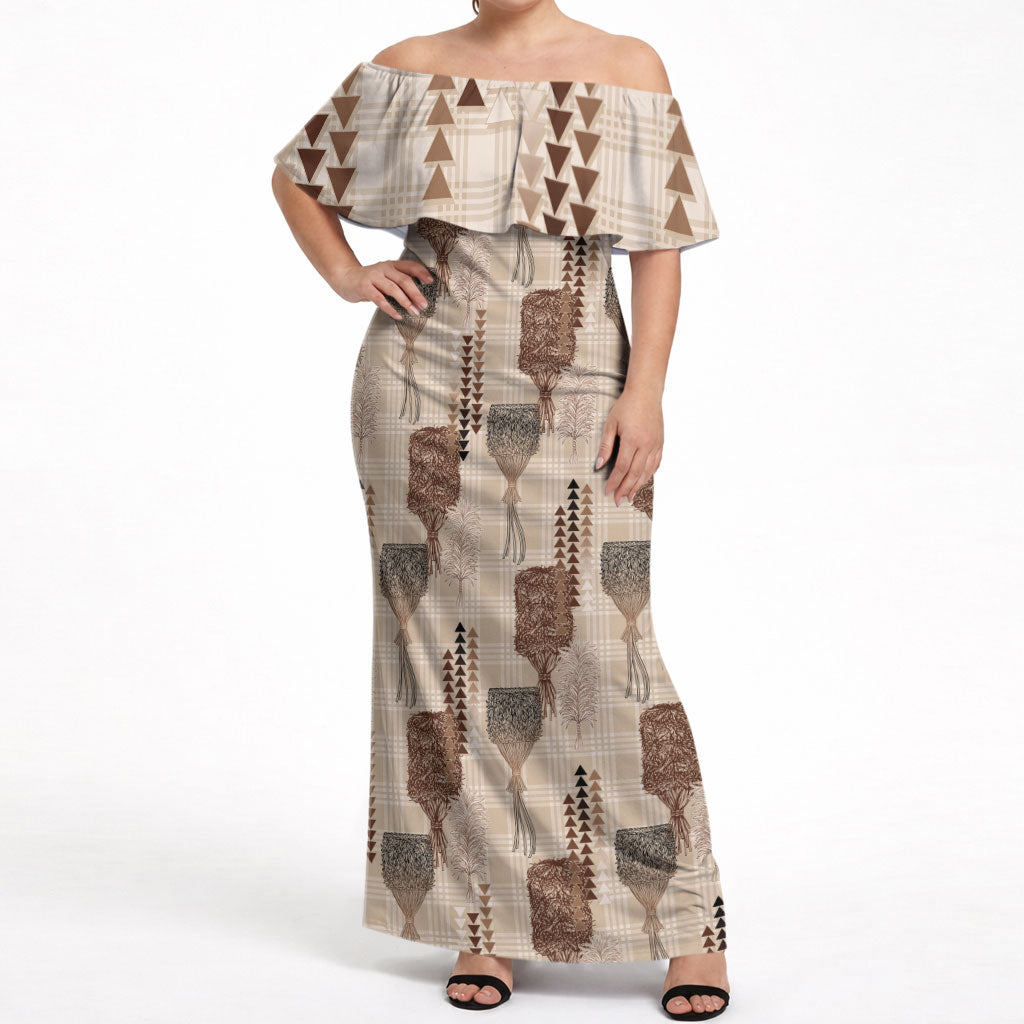 Aloha Hawaii Vintage Kahili Pa'a Lima Off Shoulder Maxi Dress Palaka Print Cozy Beige