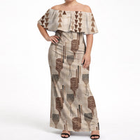Aloha Hawaii Vintage Kahili Pa'a Lima Off Shoulder Maxi Dress Palaka Print Cozy Beige