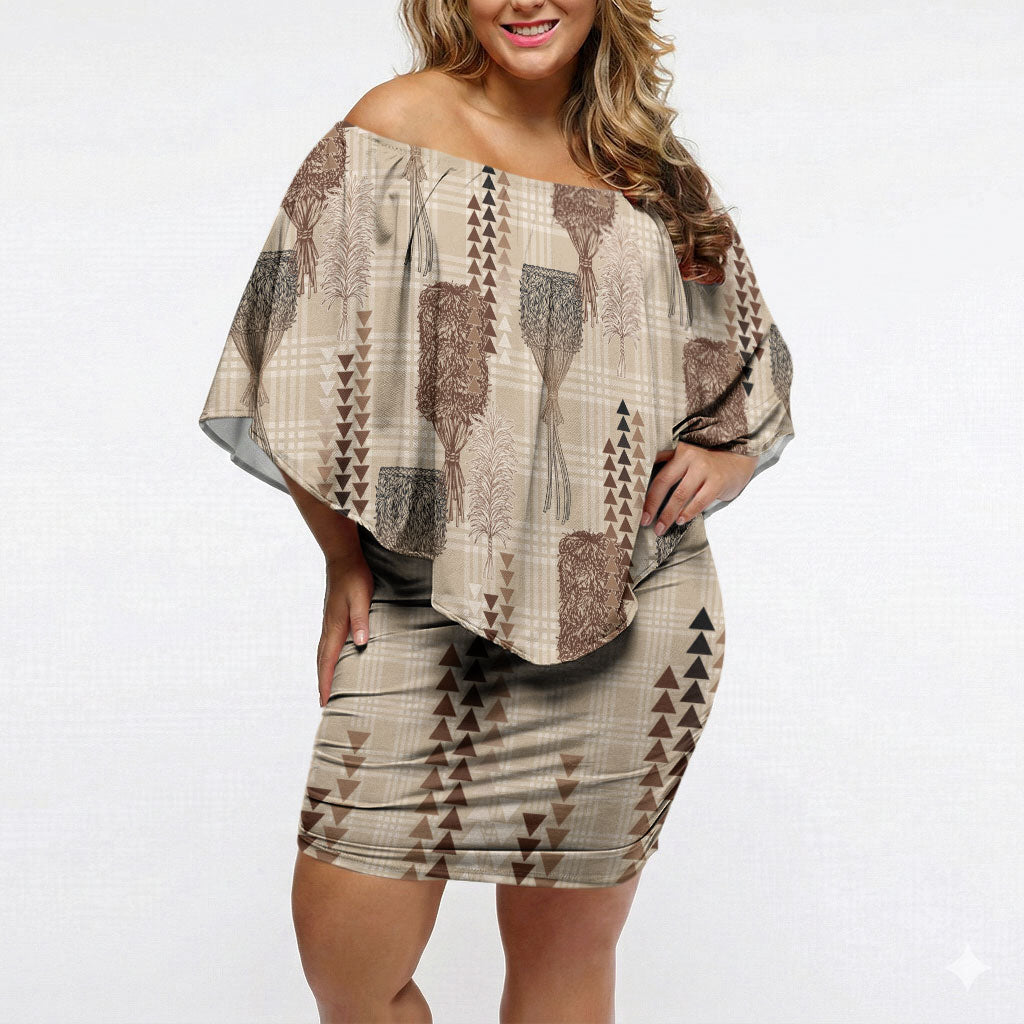 Aloha Hawaii Vintage Kahili Pa'a Lima Off Shoulder Short Dress Palaka Print Cozy Beige