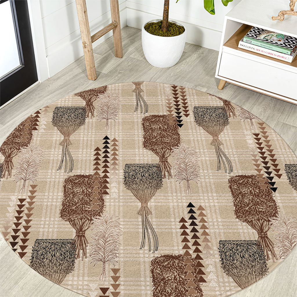 Aloha Hawaii Vintage Kahili Pa'a Lima Round Carpet Palaka Print Cozy Beige LT7 Beige - Polynesian Pride
