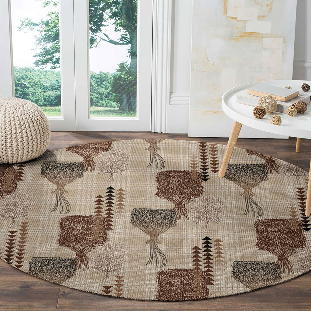 Aloha Hawaii Vintage Kahili Pa'a Lima Round Carpet Palaka Print Cozy Beige