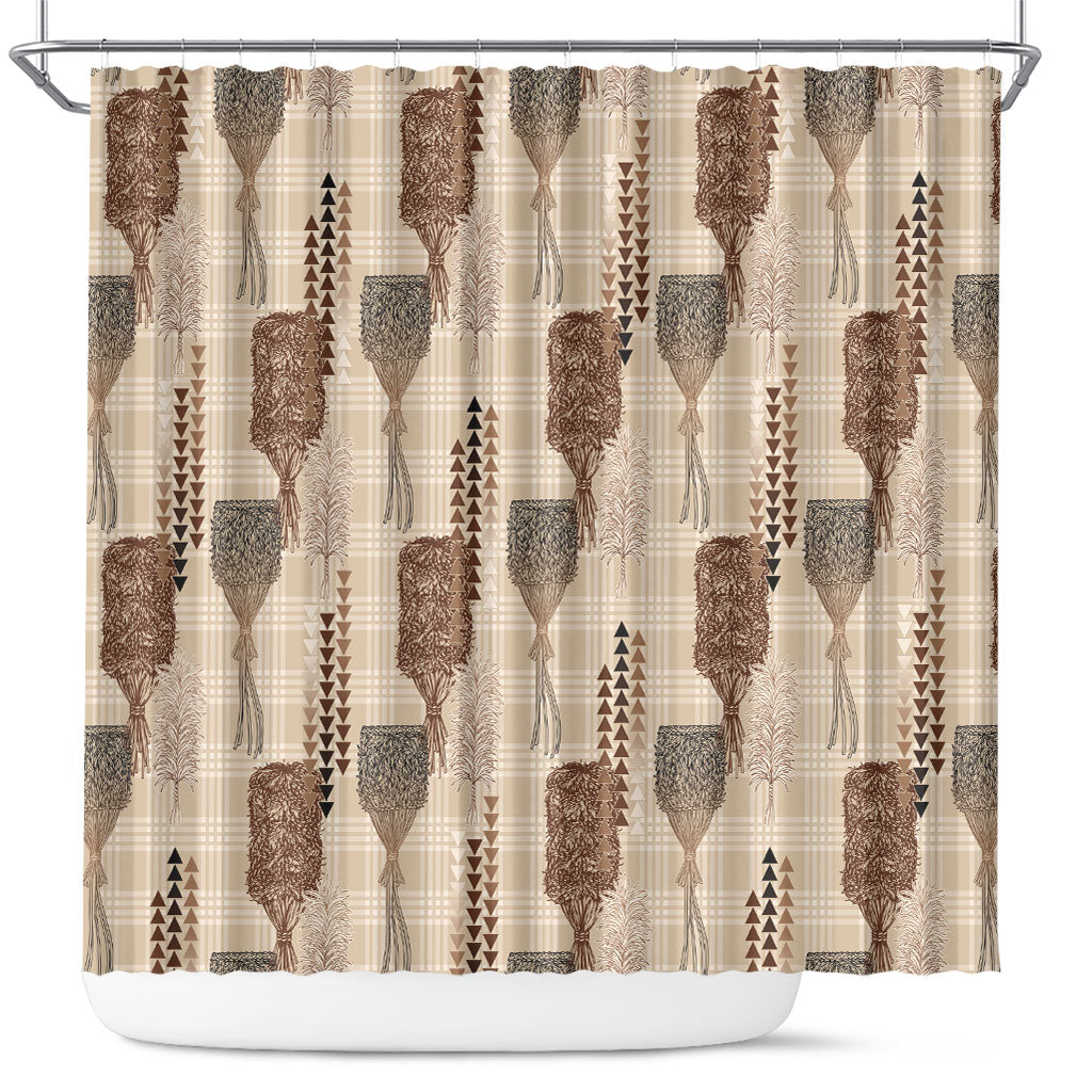 Aloha Hawaii Vintage Kahili Pa'a Lima Shower Curtain Palaka Print Cozy Beige
