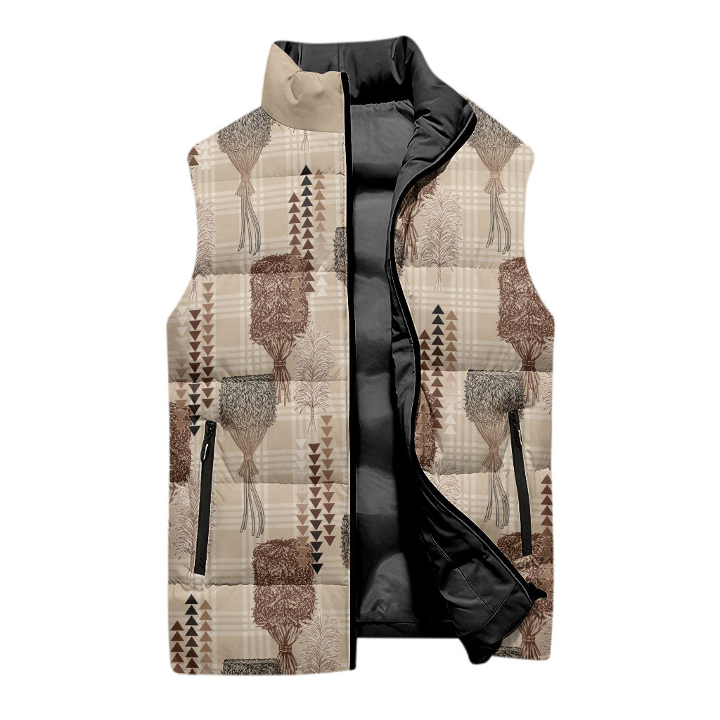 Aloha Hawaii Vintage Kahili Pa'a Lima Sleeveless Puffer Jacket Palaka Print Cozy Beige