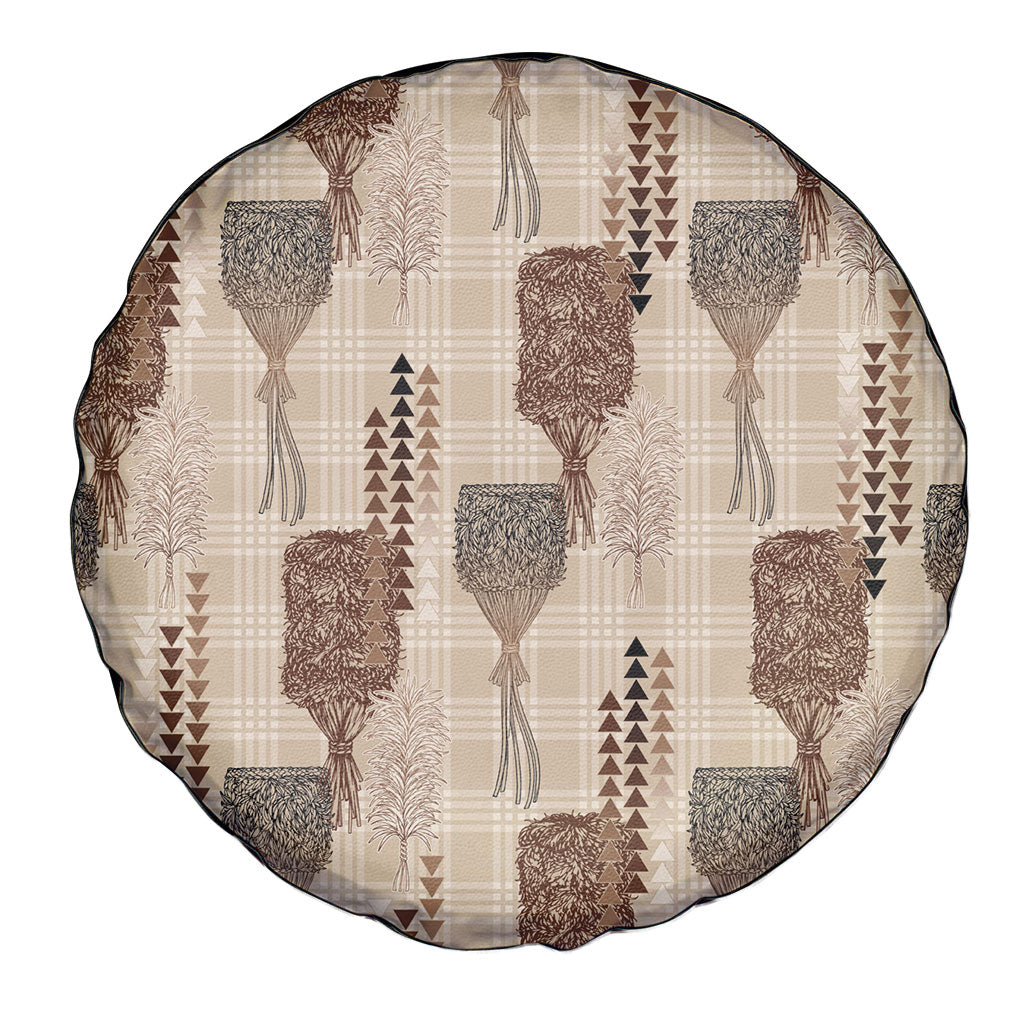 Aloha Hawaii Vintage Kahili Pa'a Lima Spare Tire Cover Palaka Print Cozy Beige