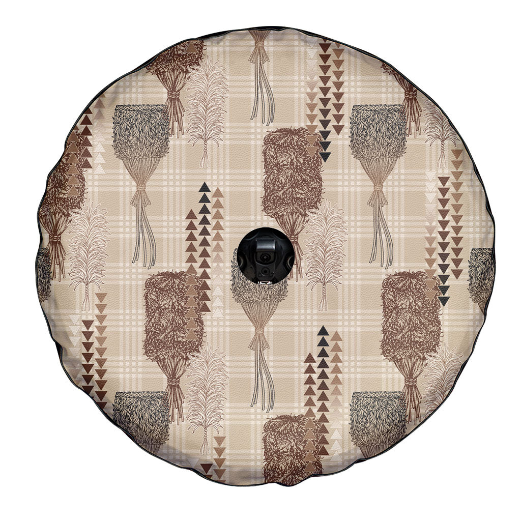 Aloha Hawaii Vintage Kahili Pa'a Lima Spare Tire Cover Palaka Print Cozy Beige