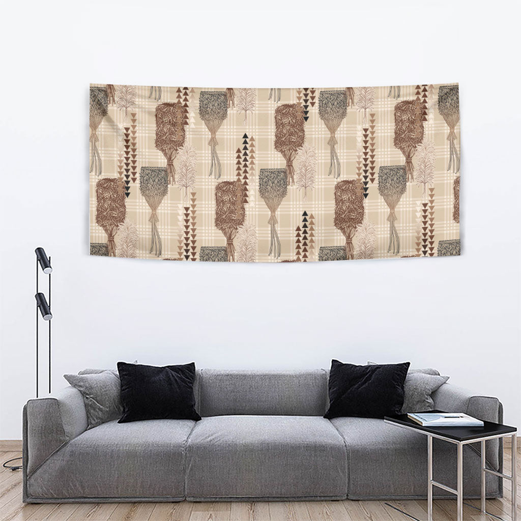 Aloha Hawaii Vintage Kahili Pa'a Lima Tapestry Palaka Print Cozy Beige
