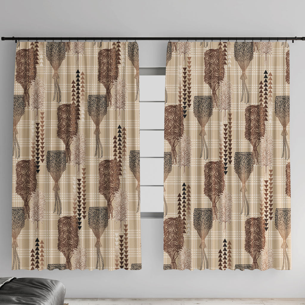 Aloha Hawaii Vintage Kahili Pa'a Lima Window Curtain Palaka Print Cozy Beige