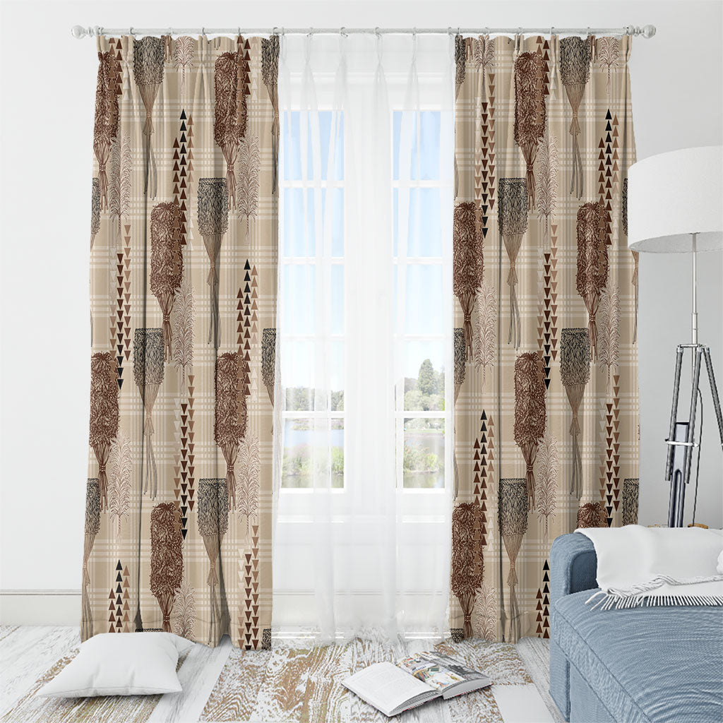 Aloha Hawaii Vintage Kahili Pa'a Lima Window Curtain Palaka Print Cozy Beige