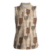 Aloha Hawaii Vintage Kahili Pa'a Lima Women Sleeveless Polo Shirt Palaka Print Cozy Beige