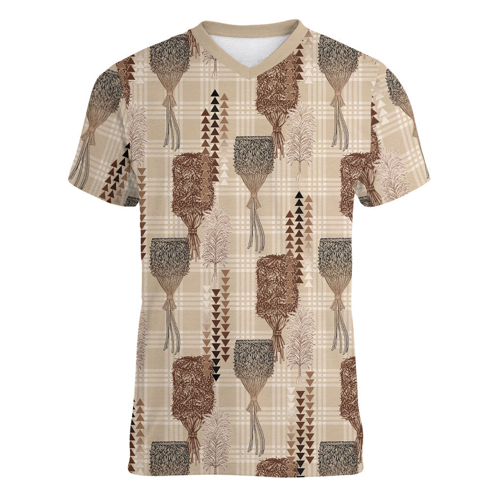 Aloha Hawaii Vintage Kahili Pa'a Lima Women V-Neck T-Shirt Palaka Print Cozy Beige LT7 Female Beige - Polynesian Pride