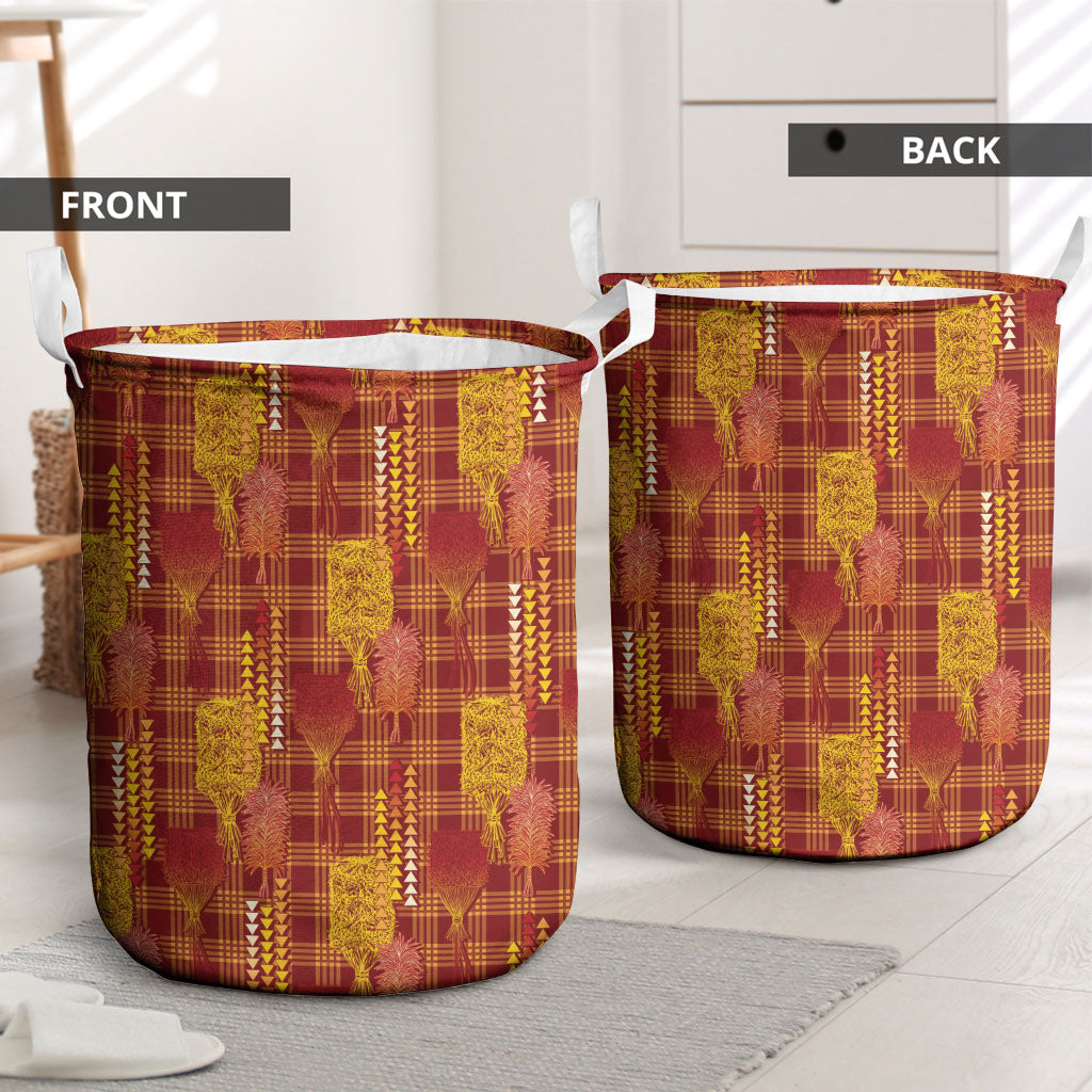 Aloha Hawaii Vintage Kahili Pa'a Lima Laundry Basket Palaka Print Hilo Royal Red-Yellow