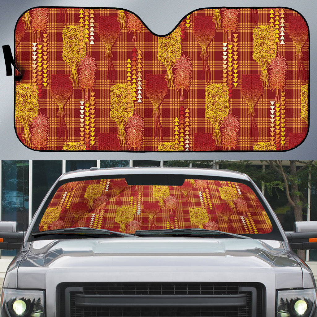 Aloha Hawaii Vintage Kahili Pa'a Lima Auto Sun Shade Palaka Print Hilo Royal Red-Yellow
