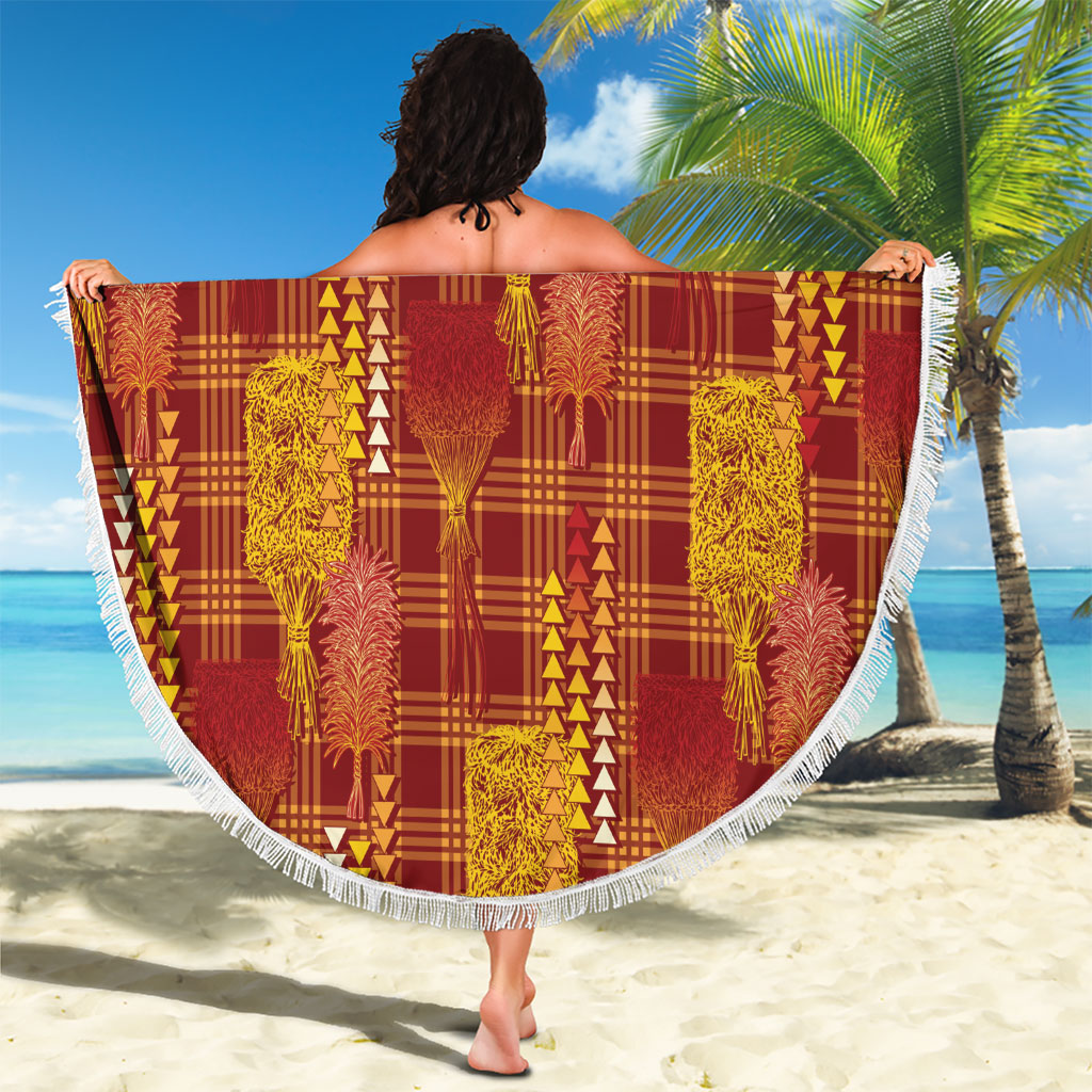 Aloha Hawaii Vintage Kahili Pa'a Lima Beach Blanket Palaka Print Hilo Royal Red-Yellow