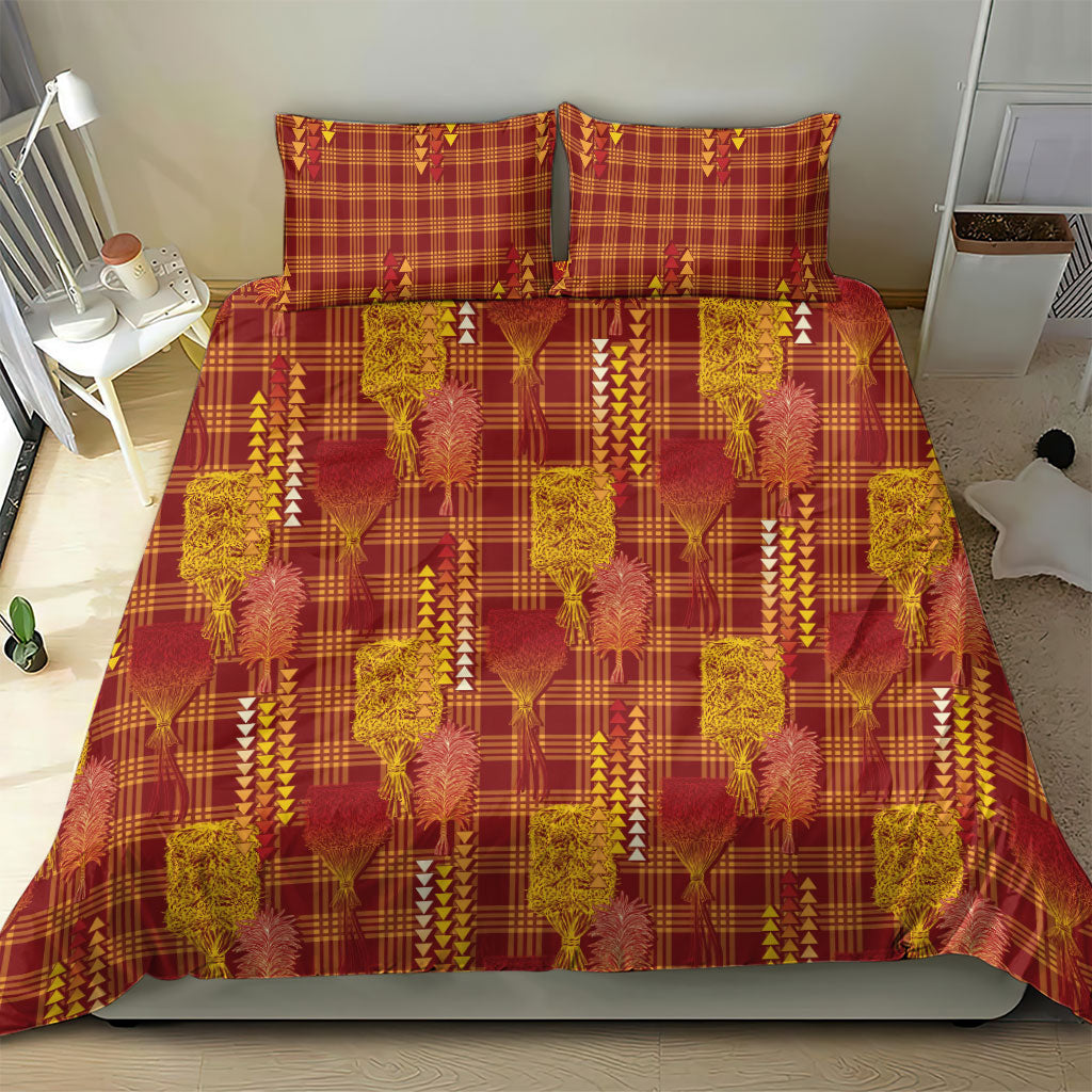 Aloha Hawaii Vintage Kahili Pa'a Lima Bedding Set Palaka Print Hilo Royal Red-Yellow