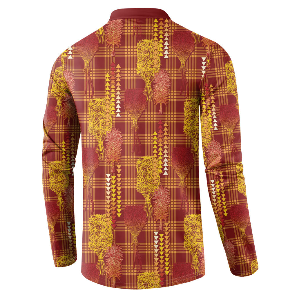 Aloha Hawaii Vintage Kahili Pa'a Lima Button Sweatshirt Palaka Print Hilo Royal Red-Yellow