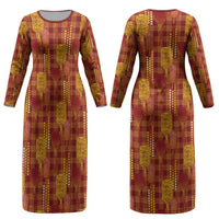 Aloha Hawaii Vintage Kahili Pa'a Lima Couples Matching Long Sleeve Bodycon Dress and Long Sleeve Button Shirt Palaka Print Hilo Royal Red-Yellow