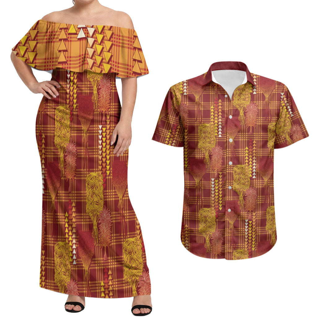 Aloha Hawaii Vintage Kahili Pa'a Lima Couples Matching Off Shoulder Maxi Dress and Hawaiian Shirt Palaka Print Hilo Royal Red-Yellow