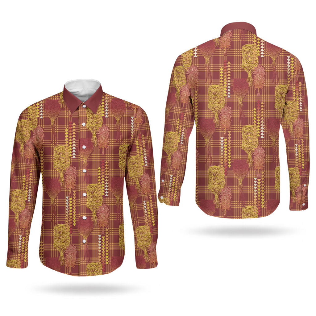 Aloha Hawaii Vintage Kahili Pa'a Lima Couples Matching Off Shoulder Maxi Dress and Long Sleeve Button Shirt Palaka Print Hilo Royal Red-Yellow