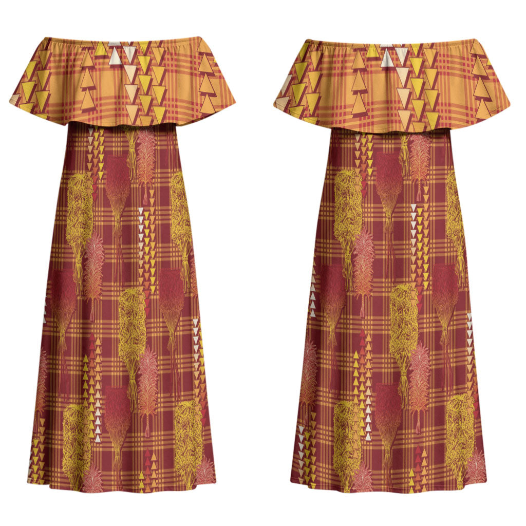Aloha Hawaii Vintage Kahili Pa'a Lima Couples Matching Off Shoulder Maxi Dress and Long Sleeve Button Shirt Palaka Print Hilo Royal Red-Yellow
