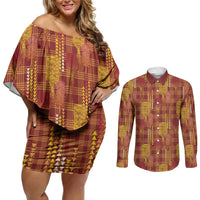 Aloha Hawaii Vintage Kahili Pa'a Lima Couples Matching Off Shoulder Short Dress and Long Sleeve Button Shirt Palaka Print Hilo Royal Red-Yellow