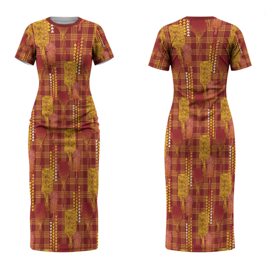 Aloha Hawaii Vintage Kahili Pa'a Lima Couples Matching Short Sleeve Bodycon Dress and Long Sleeve Button Shirt Palaka Print Hilo Royal Red-Yellow