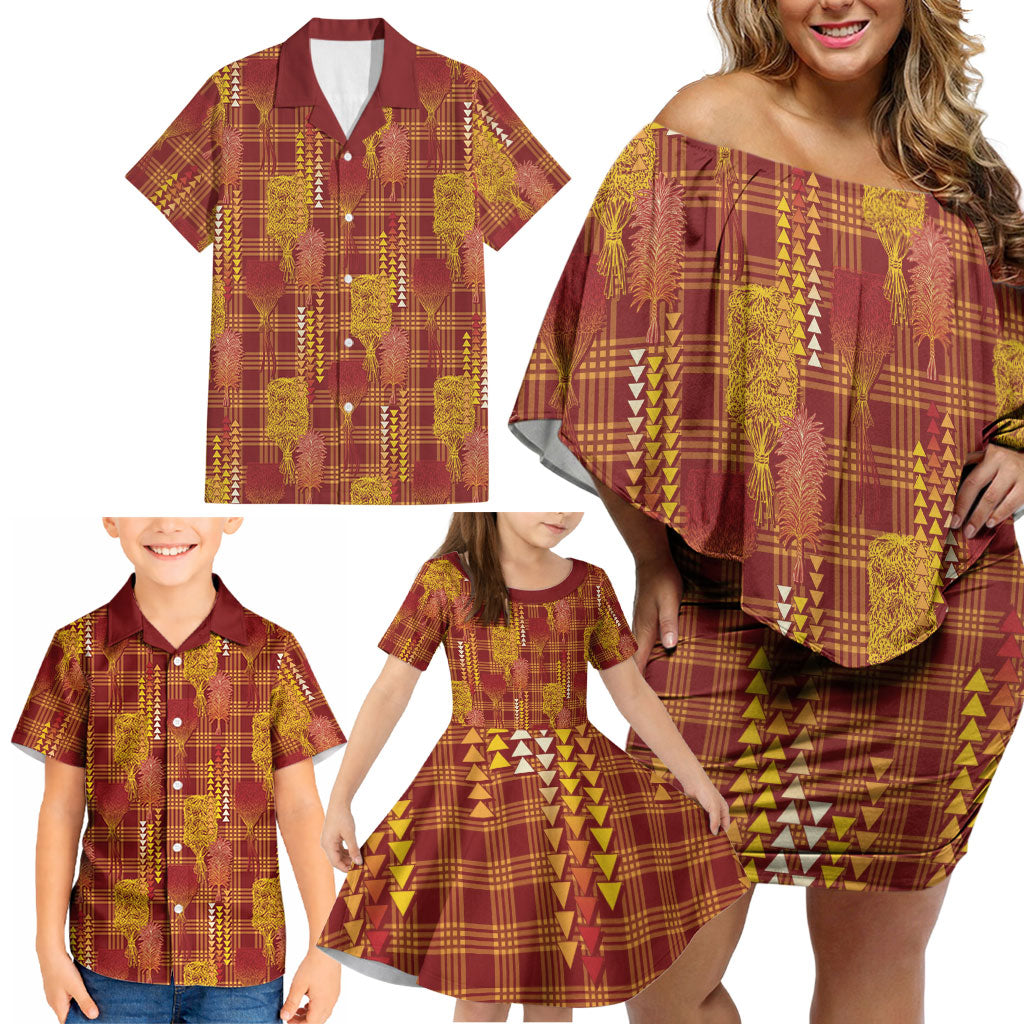 Aloha Hawaii Vintage Kahili Pa'a Lima Family Matching Off Shoulder Short Dress and Hawaiian Shirt Palaka Print Hilo Royal Red-Yellow