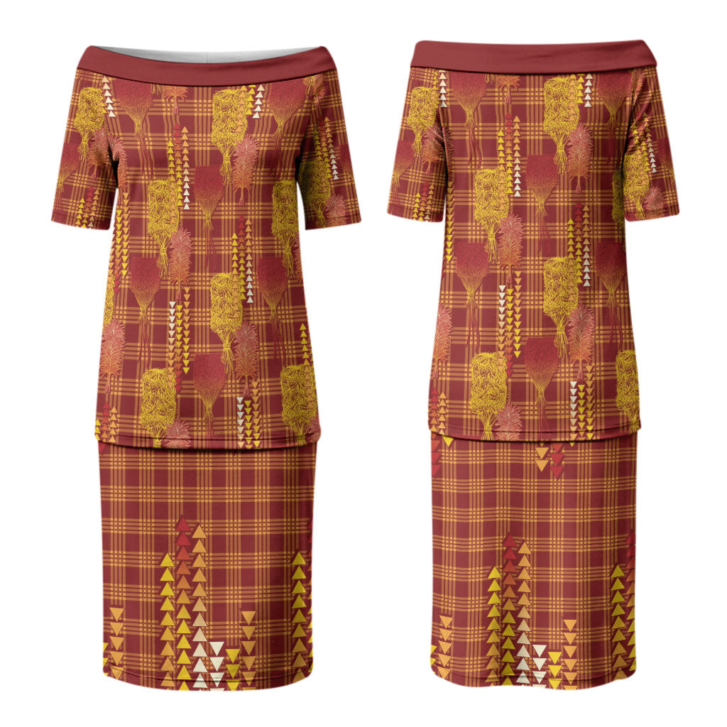 Aloha Hawaii Vintage Kahili Pa'a Lima Family Matching Puletasi and Hawaiian Shirt Palaka Print Hilo Royal Red-Yellow