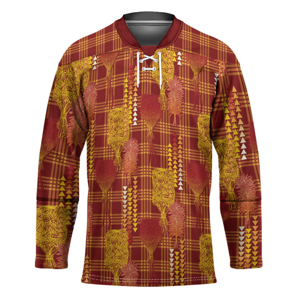 Aloha Hawaii Vintage Kahili Pa'a Lima Hockey Jersey Palaka Print Hilo Royal Red-Yellow LT7 Unisex Red - Polynesian Pride