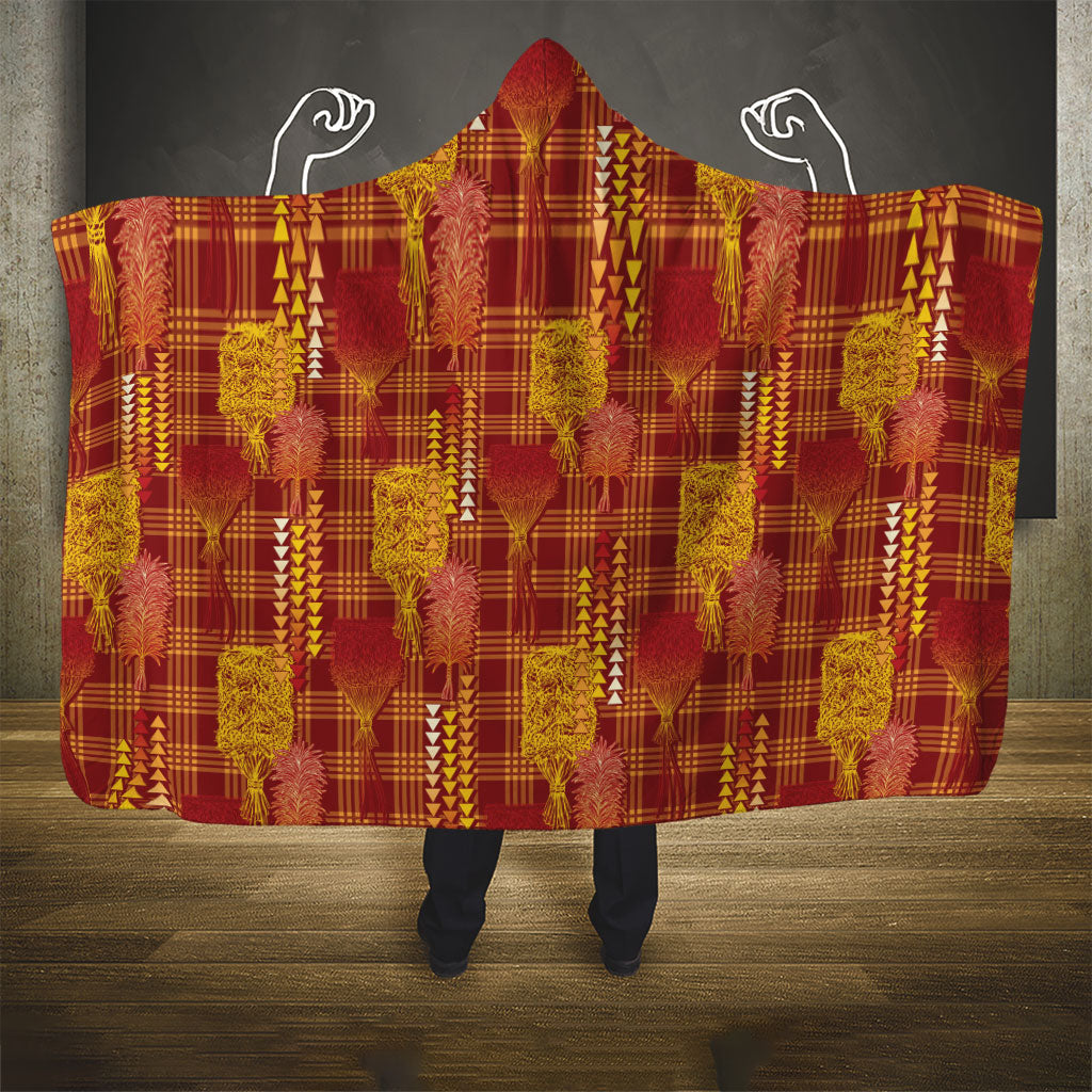 Aloha Hawaii Vintage Kahili Pa'a Lima Hooded Blanket Palaka Print Hilo Royal Red-Yellow