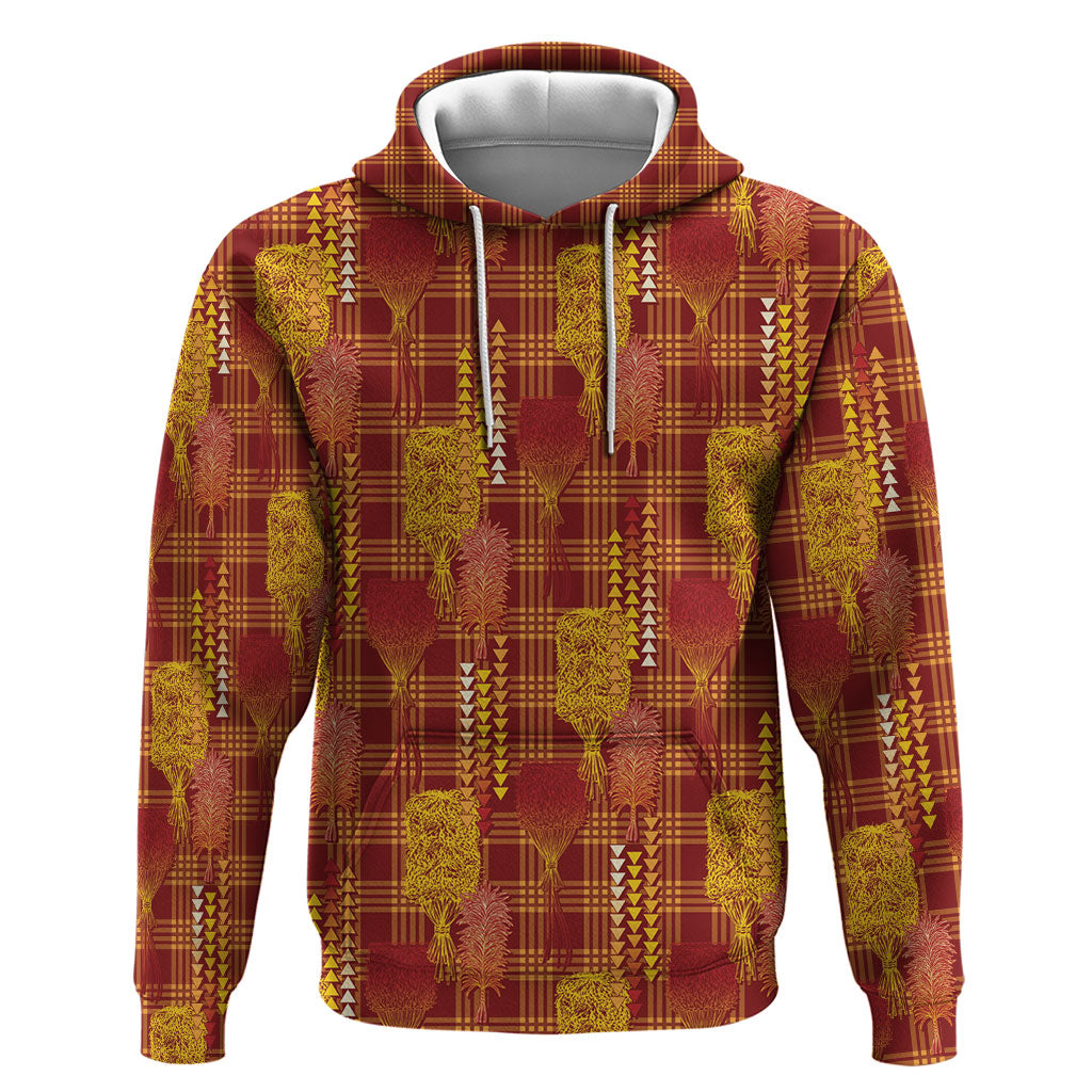 Aloha Hawaii Vintage Kahili Pa'a Lima Hoodie Palaka Print Hilo Royal Red-Yellow