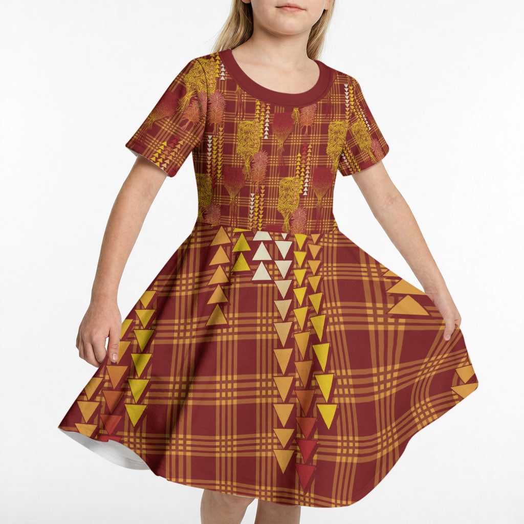 Aloha Hawaii Vintage Kahili Pa'a Lima Kid Short Sleeve Dress Palaka Print Hilo Royal Red-Yellow