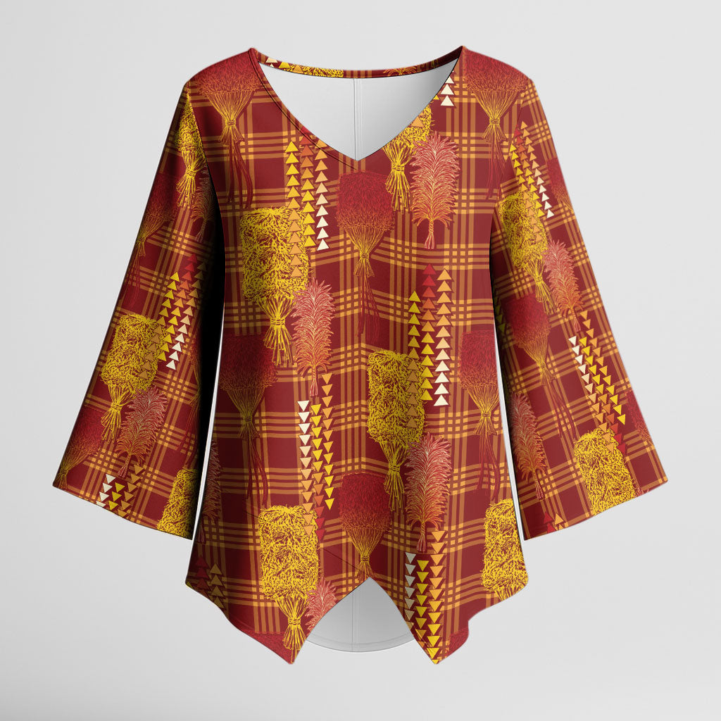Aloha Hawaii Vintage Kahili Pa'a Lima Kimono Sleeve Blouse Palaka Print Hilo Royal Red-Yellow LT7 Female Red - Polynesian Pride