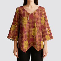 Aloha Hawaii Vintage Kahili Pa'a Lima Kimono Sleeve Blouse Palaka Print Hilo Royal Red-Yellow