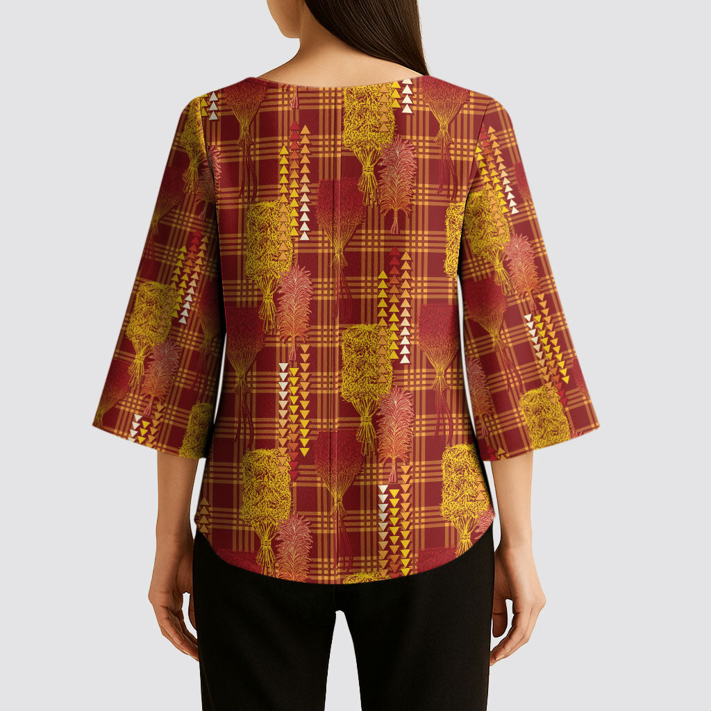Aloha Hawaii Vintage Kahili Pa'a Lima Kimono Sleeve Blouse Palaka Print Hilo Royal Red-Yellow