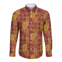 Aloha Hawaii Vintage Kahili Pa'a Lima Long Sleeve Button Shirt Palaka Print Hilo Royal Red-Yellow