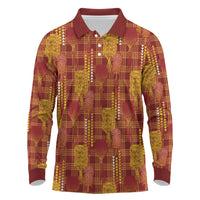 Aloha Hawaii Vintage Kahili Pa'a Lima Long Sleeve Polo Shirt Palaka Print Hilo Royal Red-Yellow