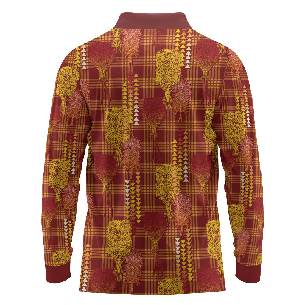 Aloha Hawaii Vintage Kahili Pa'a Lima Long Sleeve Polo Shirt Palaka Print Hilo Royal Red-Yellow