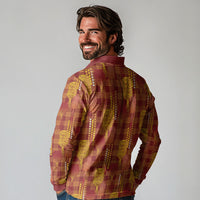 Aloha Hawaii Vintage Kahili Pa'a Lima Long Sleeve Polo Shirt Palaka Print Hilo Royal Red-Yellow