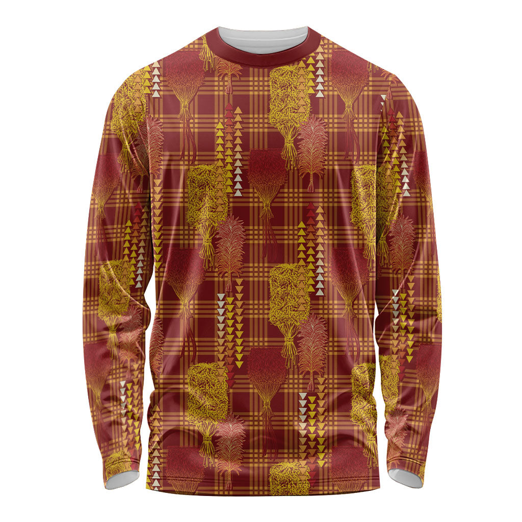 Aloha Hawaii Vintage Kahili Pa'a Lima Long Sleeve Shirt Palaka Print Hilo Royal Red-Yellow LT7 Unisex Red - Polynesian Pride