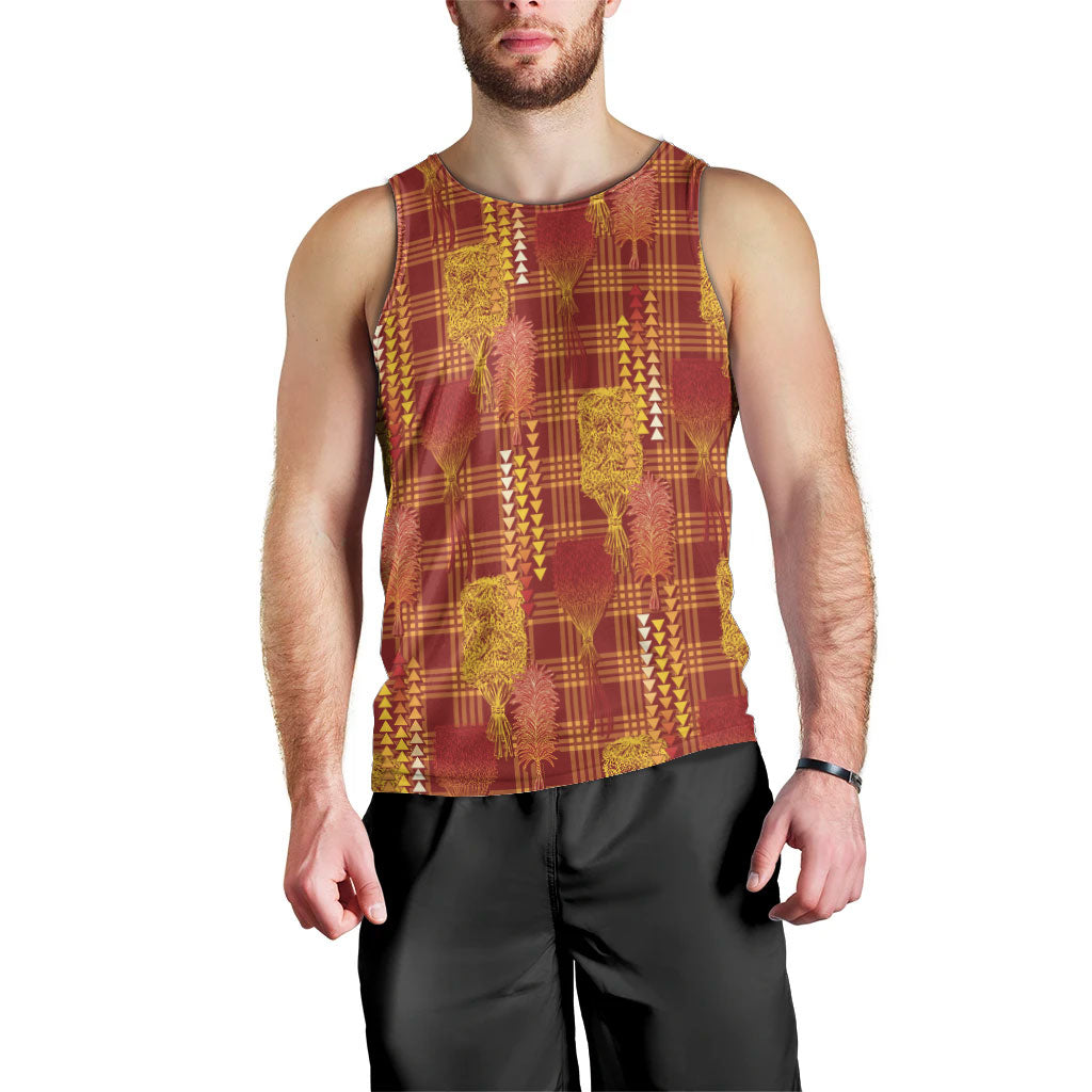 Aloha Hawaii Vintage Kahili Pa'a Lima Men Tank Top Palaka Print Hilo Royal Red-Yellow