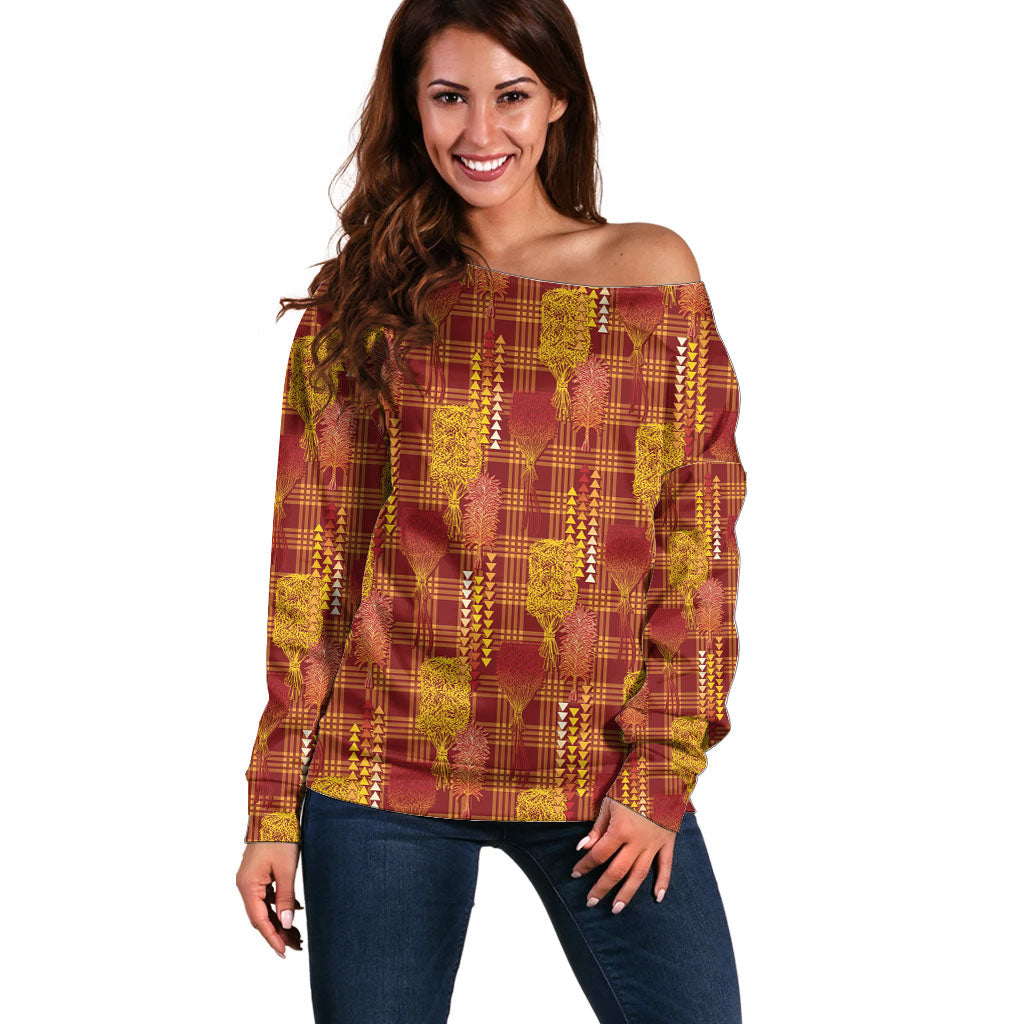 Aloha Hawaii Vintage Kahili Pa'a Lima Off Shoulder Sweater Palaka Print Hilo Royal Red-Yellow