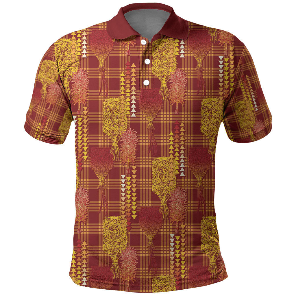 Aloha Hawaii Vintage Kahili Pa'a Lima Polo Shirt Palaka Print Hilo Royal Red-Yellow
