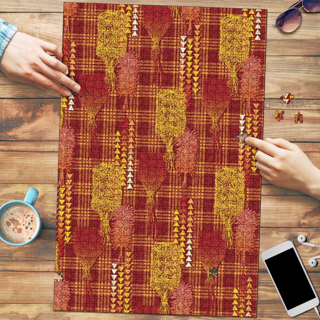 Aloha Hawaii Vintage Kahili Pa'a Lima Puzzle Palaka Print Hilo Royal Red-Yellow LT7 Red - Polynesian Pride