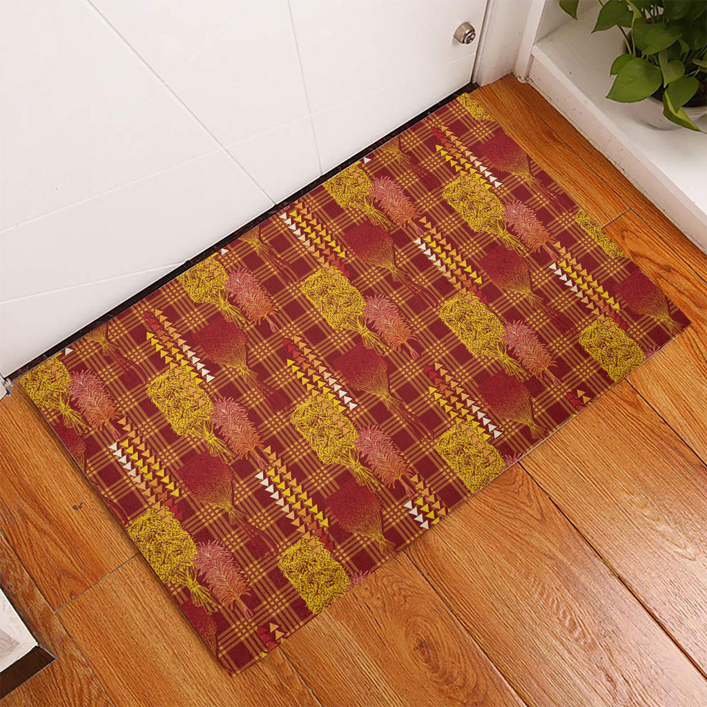 Aloha Hawaii Vintage Kahili Pa'a Lima Rubber Doormat Palaka Print Hilo Royal Red-Yellow