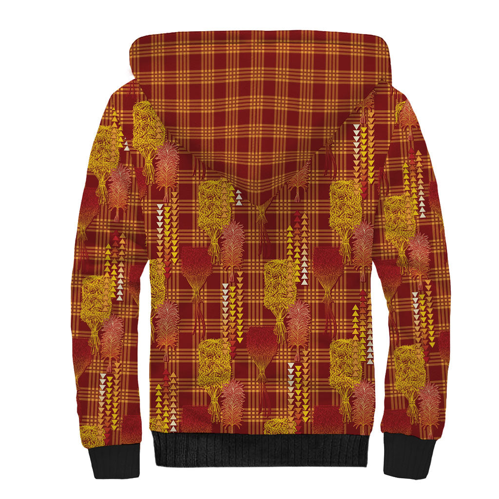 Aloha Hawaii Vintage Kahili Pa'a Lima Sherpa Hoodie Palaka Print Hilo Royal Red-Yellow